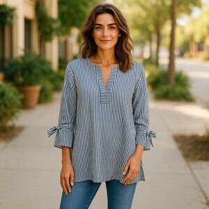 SIGNATURE COLLECTION Blue White Striped Tunic Open Sleeve Ladies XL Size 16